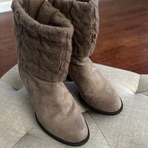 Shoe Dazzle Taupe Knit-Cuff Suede Heeled Boots